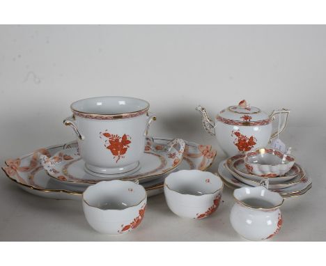 Herend 'Apponyi Iron Red' tea for two service, all with iron red coloured flowers and gilt decoration on a white ground, cons