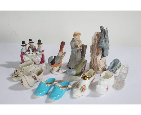 Collection of porcelain birds and shoes, to include a Goebel nuthatch, Goebel redstart and yellow wagtail, a porcelain figure