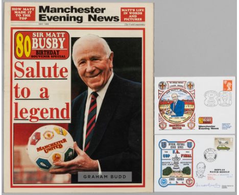 FOOTBALL - Sir Matt Busby 80th birthday newspaper and 80th birthday FDC both in very good condition, with a Ltd edition First