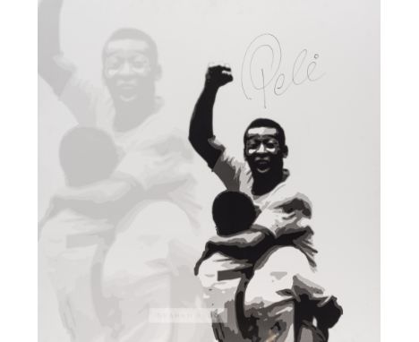 A Pele signed print on canvas featuring his iconic goal celebration image from the 1970 World Cup, 
signed in black marker pe