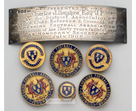 A group of six Cheshire Football Association badges issued to their official Charles James Hughes (1853-1916) none are dated,