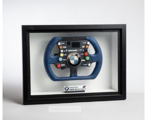 Framed replica BMW Williams F1 steering wheel,blue and black with coloured buttons, in a black box framePlease be aware all g