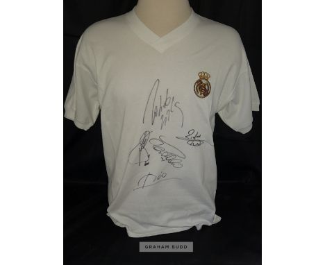 Real Madrid retro cotton style home jersey signed by five Galacticos of the Bernabeu, Roberto Carlos, Zinedine Zidane, Raul, 