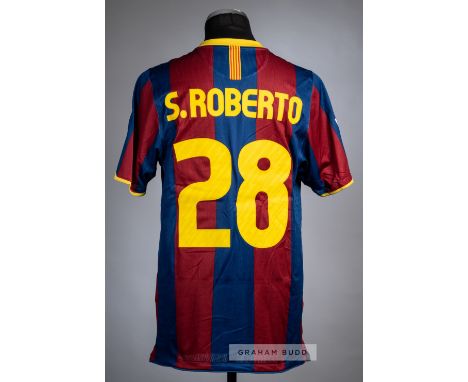 Sergi Roberto red & blue striped FC Barcelona No.28 home jersey, season 2010-11,Nike, short-sleeved with LFP and TV3 sleeve b