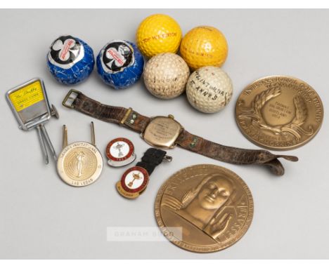 Miscellaneous golfing mementos from the carer of the golfer Tom Haliburton, comprising Nallog gold-plated wristwatch, with en