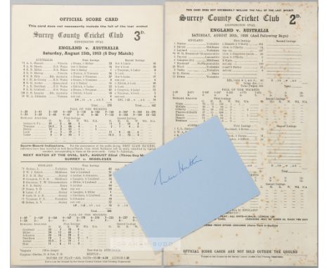 CRICKET - ENGLAND v AUSTRALIA 1938 ASHES 5TH TEST THE OVAL LEN HUTTON 364 OFFICIAL SCORECARD ENGLAND v AUSTRALIA 1953 OVAL SC
