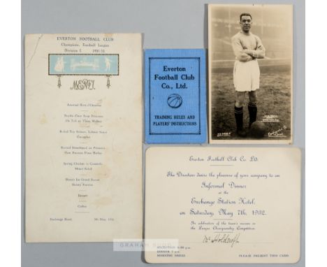 Signed Everton 1931-32 Football League Division 1 Champions dinner invitation, signed menu, players ticket & postcard of Dixi