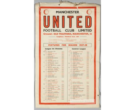 Official printed fixture list for Manchester United's ill-fated 1957-58 football season,published by the club, for wall hangi