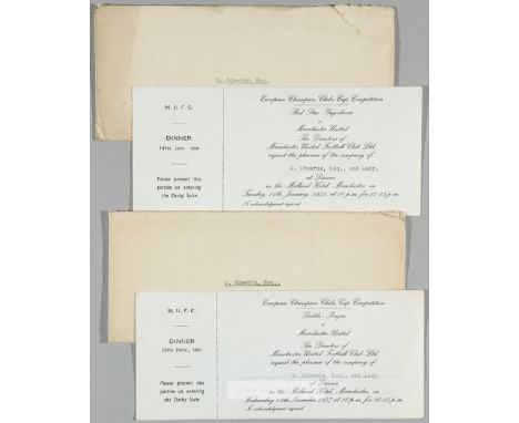 A pair of Manchester United printed invitations addressed to Duncan Edwards to attend dinners for European Cup fixtures in se