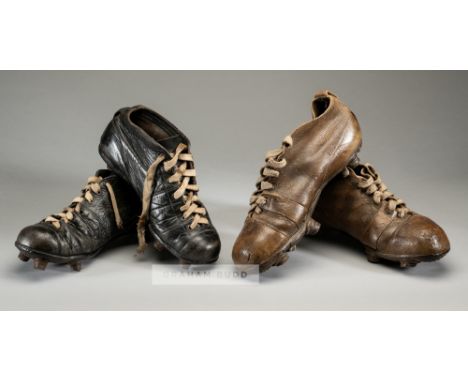 Two pairs of vintage leather football boots,the first pair circa 1920 in brown leather, the other pair circa 1940 in black le