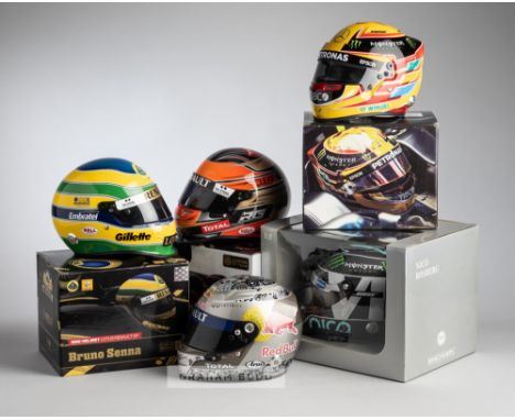 Collection of 14 1:2 scale replica F1 drivers helmets, in original boxes from different manufacturers, a signed Mika Hakkinen