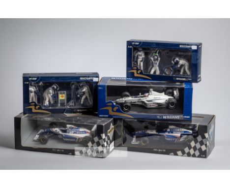 Collection of nine Williams 1:18 scale model cars and six pit crew packs, pit crews: 318100052 (2) - 318100053 (2) - 31810005