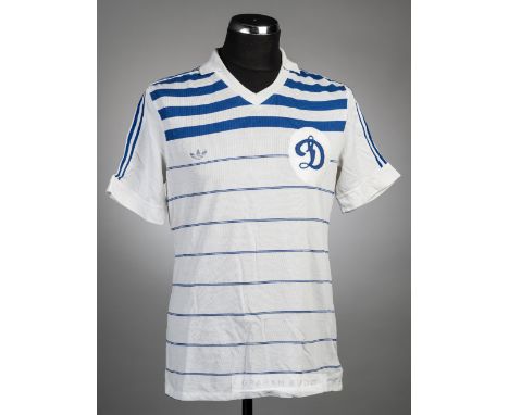 Oleh Blokhin white with blue stripes Dynamo Kyiv no.11 jersey, season 1982-85,Adidas, short-sleeved with embroidered felt bad