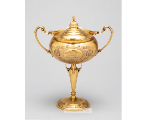 Gold horse racing trophy for the 1936 Chepstow Summer Cup,a 9ct. gold twin handled cup and cover by Fattorini & Sons Ltd., Bi