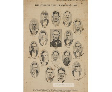 Signed "The English Test Cricketers 1932" printed supplement in The Western Mail, Perth, Australia, 20th October 1932,depicti