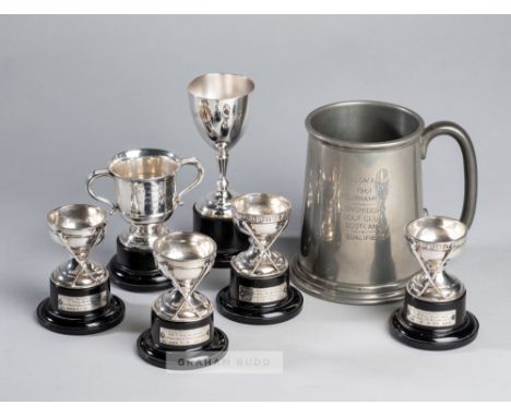 Five silver trophies awarded to the golfer Tom Haliburton between 1932 and 1936,comprising replica of the Goudie Cup won by T