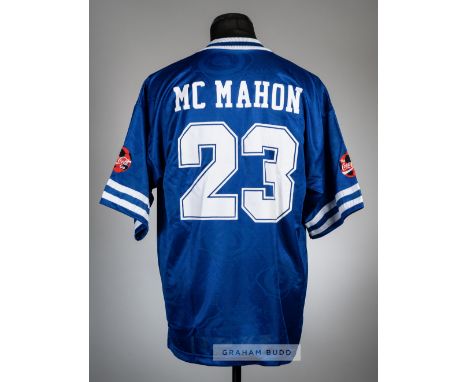 Sam McMahon blue Leicester City no.23 1997 Coca Cola Cup final jersey,Fox Leisure, short-sleeved with COCA COLA sponsor sleev