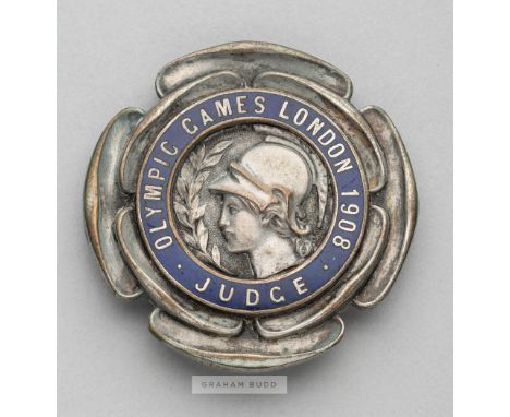 London 1908 Olympic Games Judge's badge,silvered bronze and blue enamel with central head of Anthea surrounded by OLYMPIC GAM