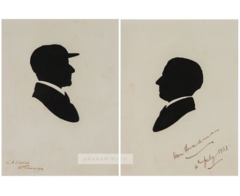 Australian cricketers Don Bradman and Bert Oldfield signed portrait silhouettes, the first depicting Don Bradman facing left,