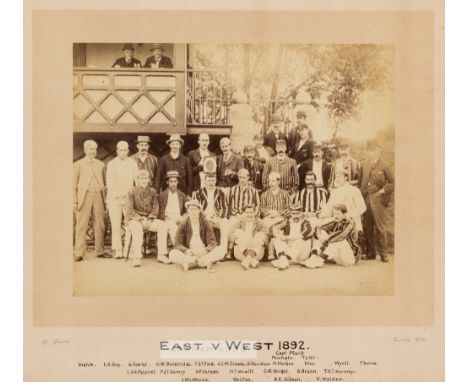 Photograph of the cricket teams in the East v West match in 1892, The b&w photograph of the cricket teams in standing and sea