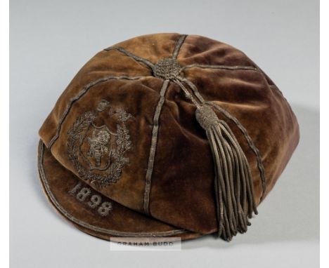 Scotland v Wales international cap dated 1898, velvet cap with silvered braiding and tassel, embroidered with S v W and lion 