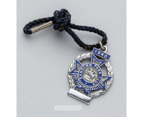A very scarce silvered-metal & enamel wartime Sandown Park racecourse member's badge issued for 1940,with black cord