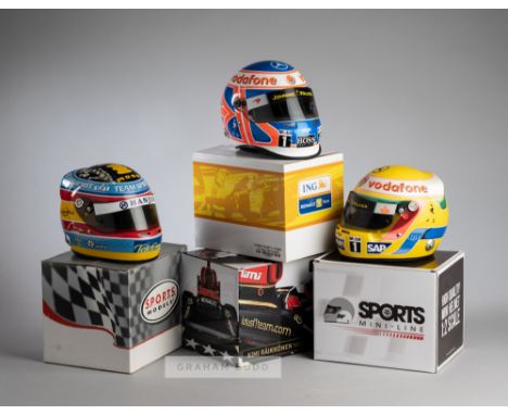 Collection of 13 1:2 scale F1 driver replica helmets, ten in original boxes from different manufactures, including Button, Fi