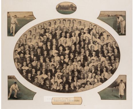 The First Class Cricketers portrait montage of all the leading cricketers of 1893,hand coloured corner vignettes and central 