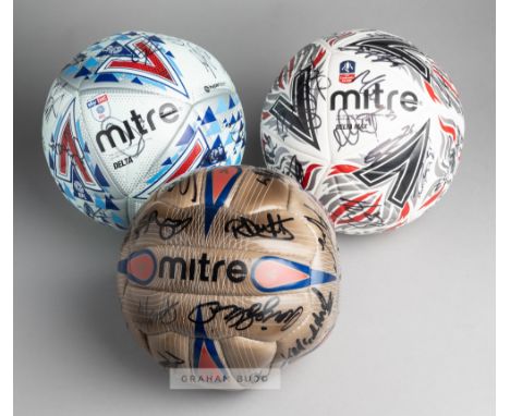 Three Portsmouth squad signed Mitre matchday footballs,comprising bluish white, blue, red and black MITRE DELTA SKYBET EFL TH