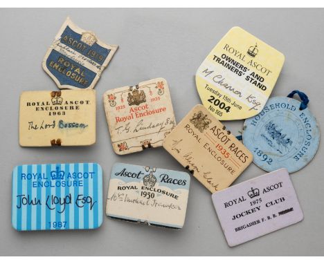 A fine collection of Royal Ascot Enclosure day badges, all named in ink by hand, a tradition that still endures to this day, 