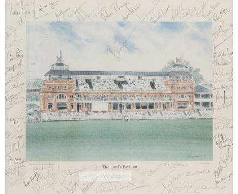 Signed "The Lord's Pavilion Test Cricketers" print,signed in pencil by approximately 70 test cricketers in the margin surroun