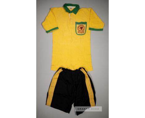 Ray Lambert yellow and green Wales international no.3 jersey & shorts, circa 1947,the short-sleeved jersey with embroidered c