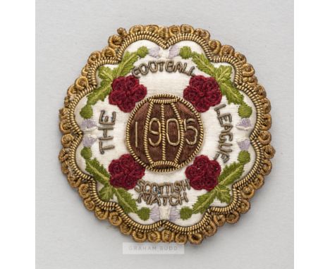 Football League representative badge v Scottish League, played at Hampden Park, 11th March 1905, silk lobed gilt wirework and