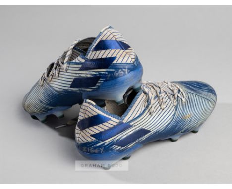 Portsmouth's Ryan Williams signed worn Adidas Nemesis football boots,the blue and white boots signed 'ZIGGY' on the boot heal