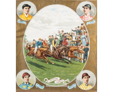 Three colour Victorian racing prints, the first titled "Tattenham Corner" and vignettes of the jockeys G Barrett, F Webb, M C
