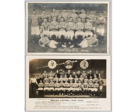 Two b&w Chelsea FC team-group postcards from the club's first season in Football League Division One, 1907-08,the first featu