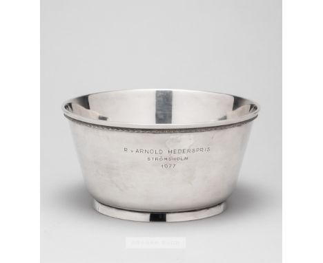 A Swedish silver racing trophy dated 1977,hallmarked Stockholm 1976, by Eric Rastrom, the flared squat bowl engraved R V ARNO