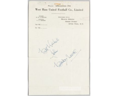 Bobby Moore West Ham United Football Co., Limited letterhead,signed in blue pen "Best Wishes John Bobby Moore", bears printed