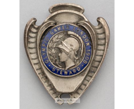 The rare large version of the London 1908 Olympic Games steward's badge,by Vaughton, shield-shaped in silvered-bronze & blue 