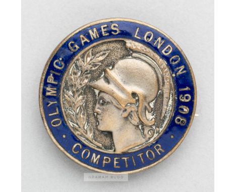 London 1908 Olympic Game Competitor's enamel lapel badge,by Vaughton of Birmingham, bearing the goddess Nike surrounded by le