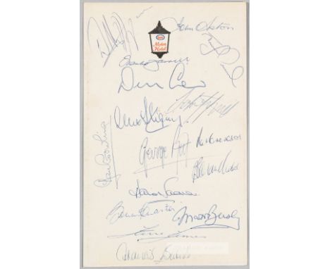 Manchester United 1970-71 team signed menu card, the card bearing Esso Motor Hotel emblem, signed by 16 squad members includi