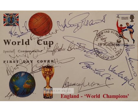 England 1966 World Cup winners signed Rembrandt FDC with the 4d England Winners stamp franked Harrow And Wembley 18 AUG 1966 