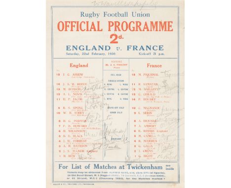 Signed England v France rugby programme, played Twickenham, 22nd February 1930,printed with fixture details, both sets of pla
