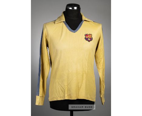 Yellow and navy Barcelona no.1 goalkeeper's jersey, late 1970s,long-sleeved with embroidered club crest badge, reverse number