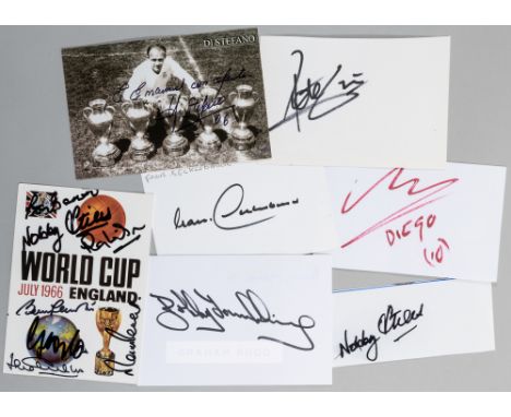 A collection of football autographs,comprising England World Cup July 1966 signed postcard, bearing signatures in black marke