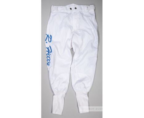 Richard Hills race-worn jockey breeches,with embroidered R. HILLS logo in royal blue, bearing Hyland Sportswear makers label 