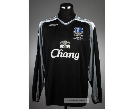 Three football jerseys,comprising: i) Tim Howard black and grey Everton no.24 goalkeeper's jersey v Larissa in the UEFA Cup G