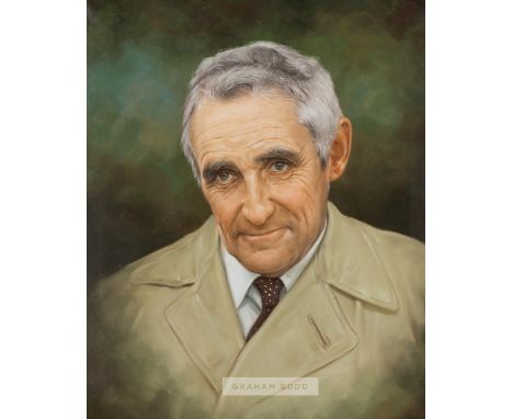 An oil on canvas portrait of  the jockey and racehorse trainer Stan Mellor MBE,  unsigned by the artist, featuring Mellor dur