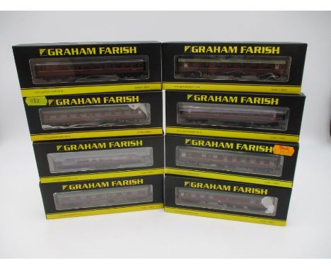 A collection of eight boxed Graham Farish by Bachmann N gauge BR maroon coaches including Mini Buffet Car, 2 x Hawksworth 2nd