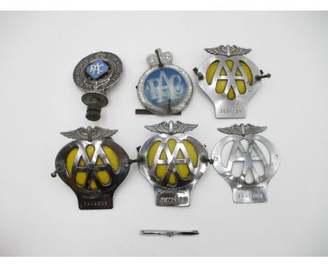 Two Royal Automobile Club (RAC) Associate car badges, along with four AA car badges and a RAF tie pin